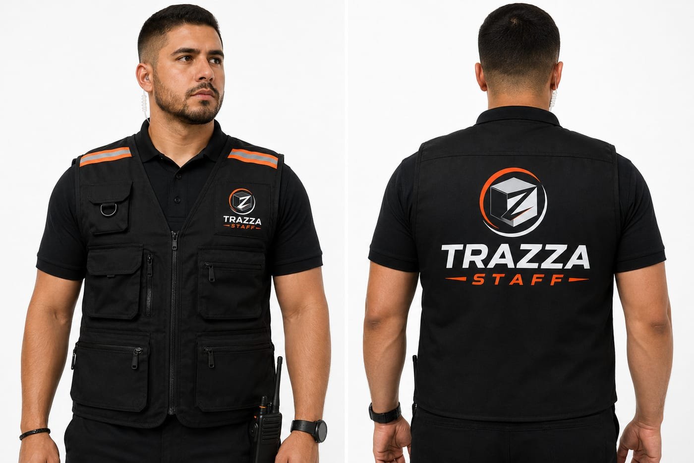 Integrante de Trazza Staff con chaleco oficial de dotación con cintas reflectivas y radio de comunicación, vista frontal y posterior