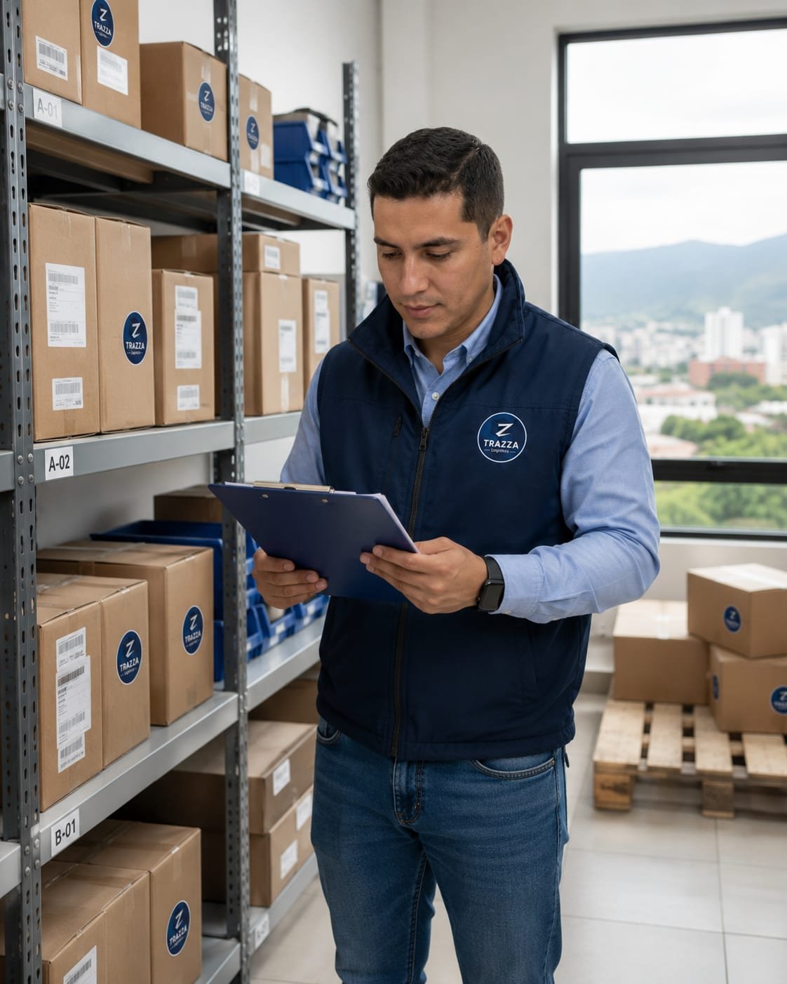 Coordinador de Trazza Logistics verificando inventario rotulado en estantería de almacenamiento por proyecto