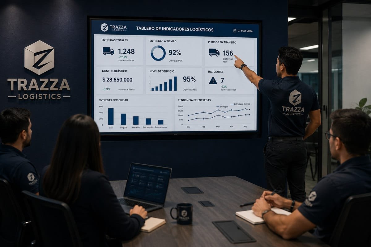 Consultor de Trazza presentando un tablero de indicadores logísticos a un equipo gerencial en sala de juntas